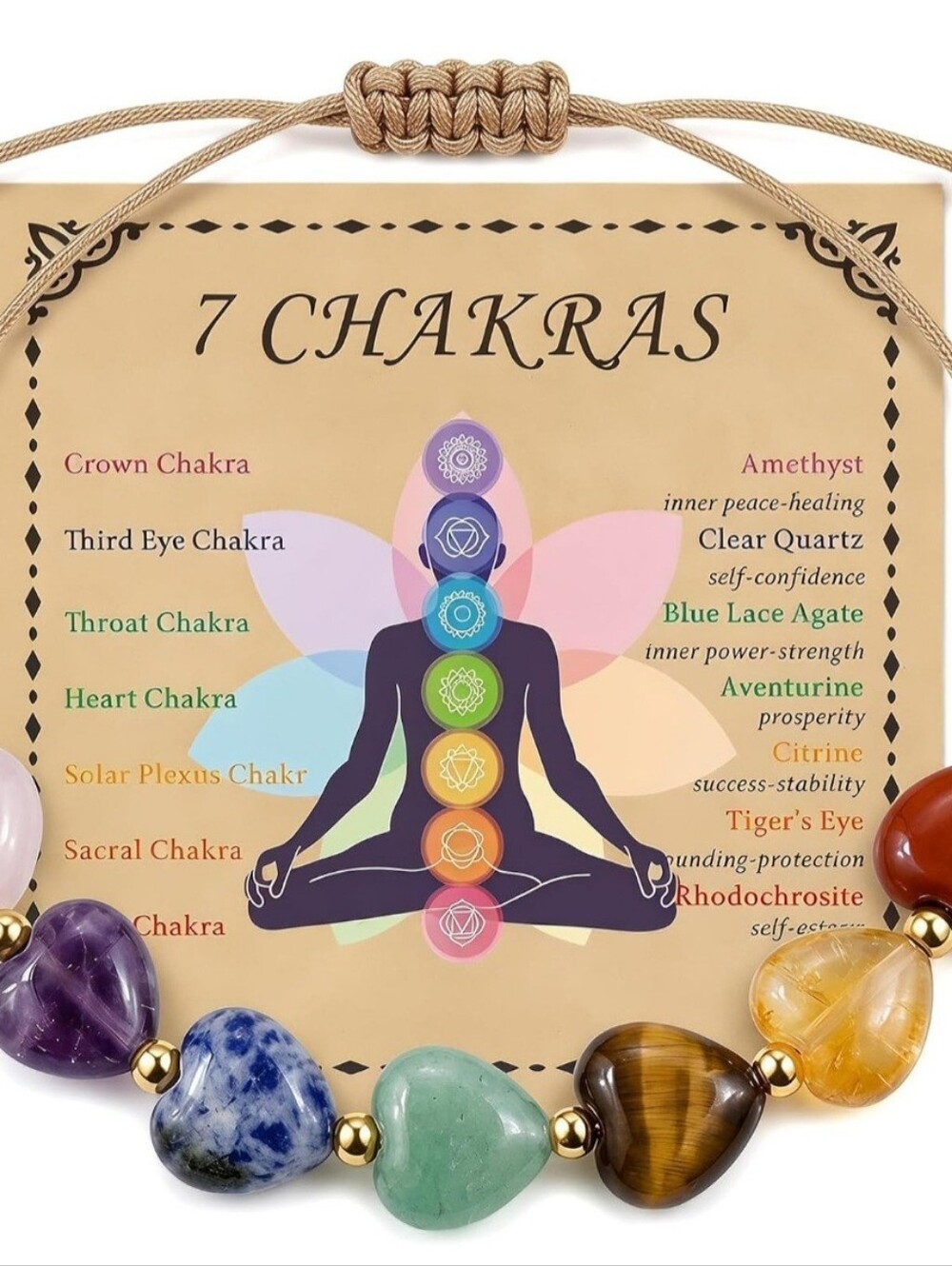 7 Chakras Heart Gemstone Bracelet - Multicolor Adjustable Cord